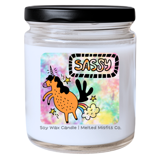 Hand-Poured Soy Jar Candle - Sassy Unicorn Tie-Dye Design - Custom Scents: Baby Powder, Fresh Laundry, Cocoa Butter - Candle